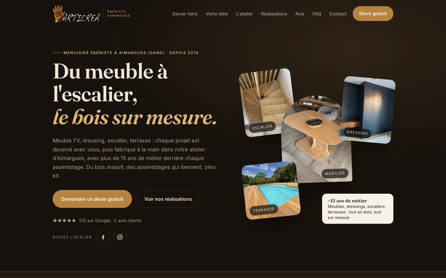 Page d'accueil du site d'Articréa, menuisier ébéniste à Aimargues, réalisé par Visible Studio
