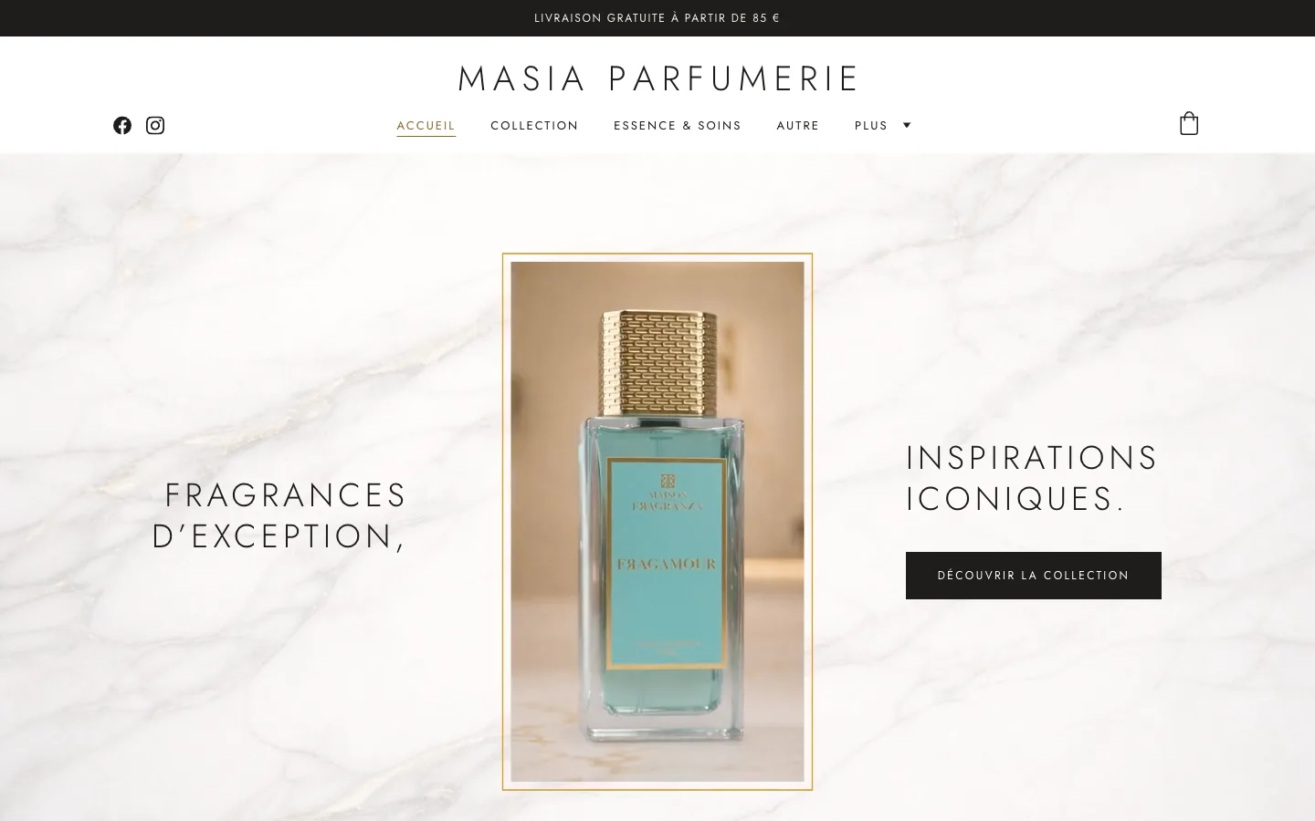 Page d'accueil du site de Masia Parfumerie, parfumerie à Sommières, réalisé par Visible Studio