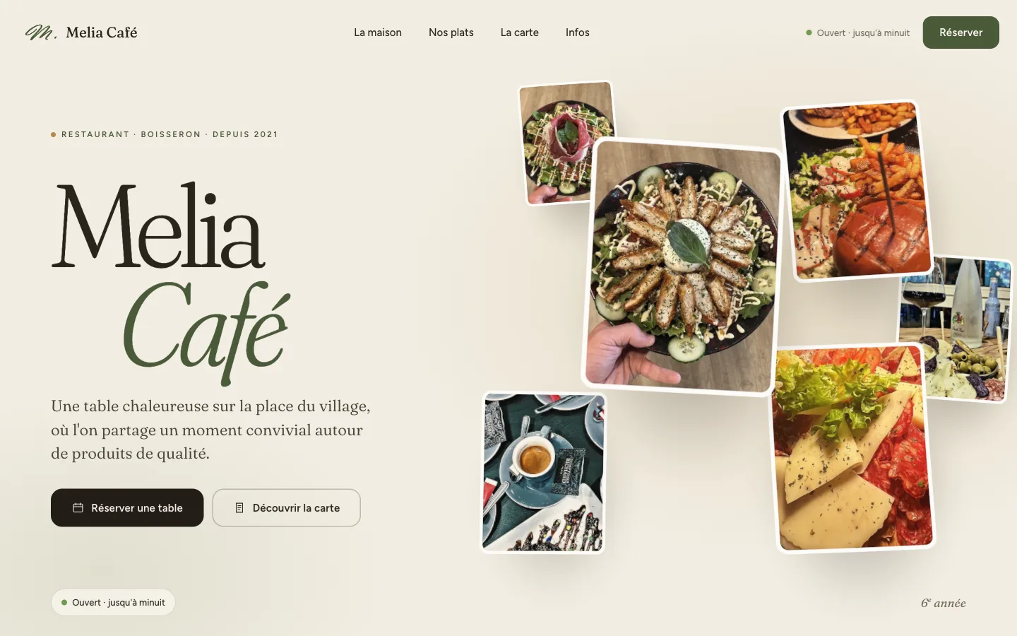 Page d'accueil du site du Melia Café, restaurant à Boisseron, réalisé par Visible Studio