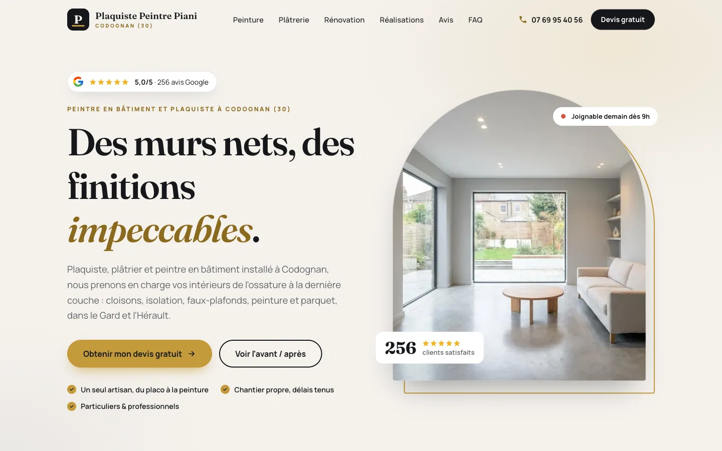 Page d'accueil du site de Plaquiste Peintre Piani à Codognan, réalisé par Visible Studio