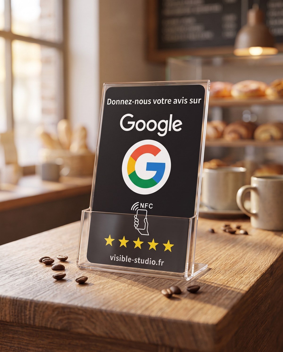 Carte NFC avis Google Visible Studio dans un présentoir sur le comptoir d'un café